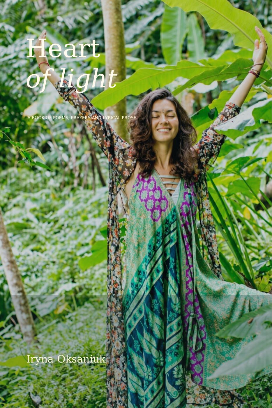 Heart of light book cover: Iryna among lush green leaves